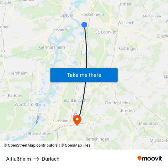 Altlußheim to Durlach map