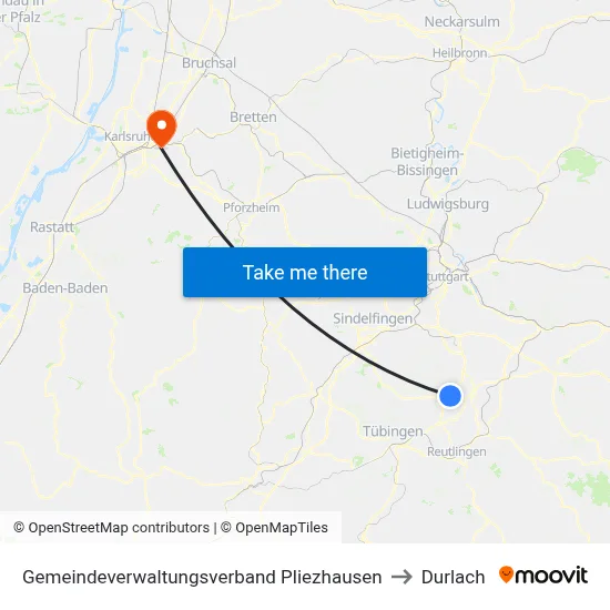 Gemeindeverwaltungsverband Pliezhausen to Durlach map