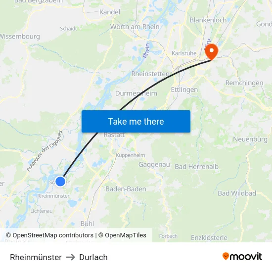 Rheinmünster to Durlach map