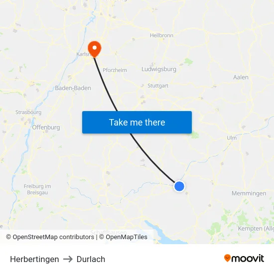 Herbertingen to Durlach map