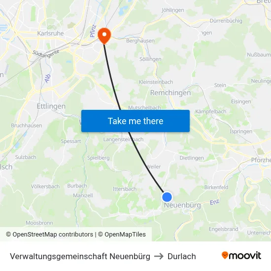 Verwaltungsgemeinschaft Neuenbürg to Durlach map