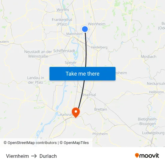 Viernheim to Durlach map