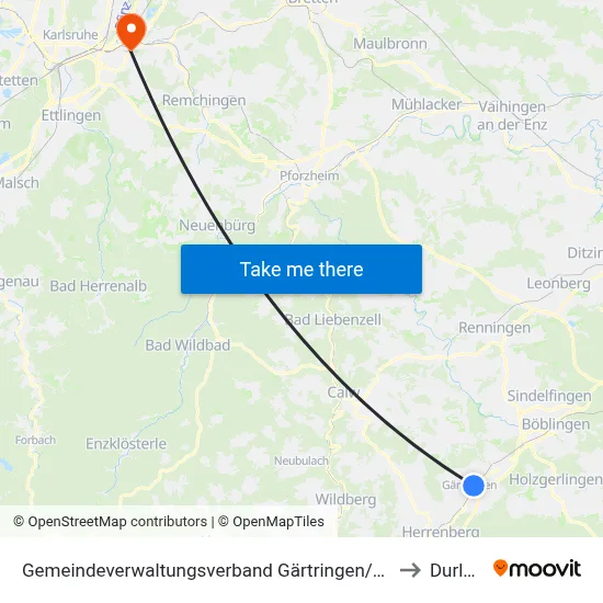 Gemeindeverwaltungsverband Gärtringen/Ehningen to Durlach map
