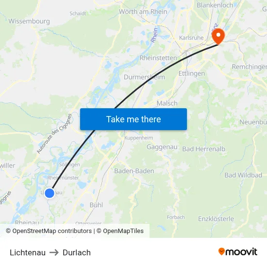 Lichtenau to Durlach map