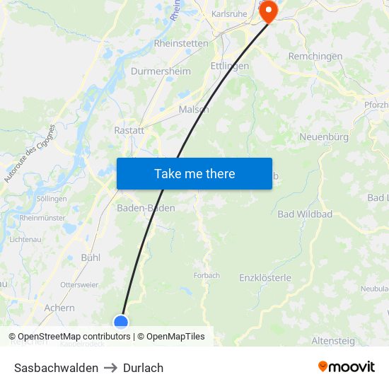 Sasbachwalden to Durlach map