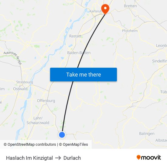 Haslach Im Kinzigtal to Durlach map