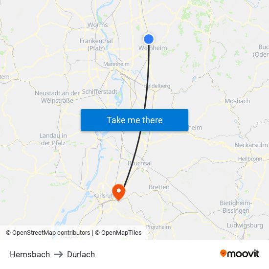 Hemsbach to Durlach map