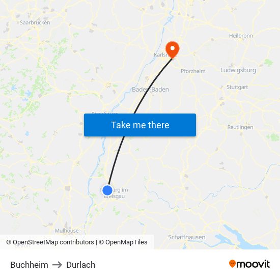 Buchheim to Durlach map