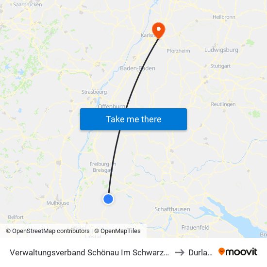 Verwaltungsverband Schönau Im Schwarzwald to Durlach map