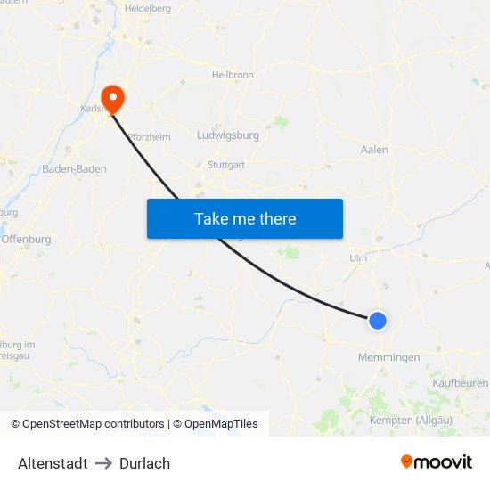 Altenstadt to Durlach map