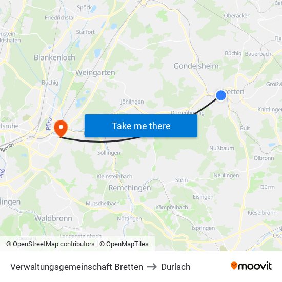 Verwaltungsgemeinschaft Bretten to Durlach map