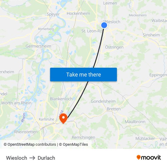 Wiesloch to Durlach map