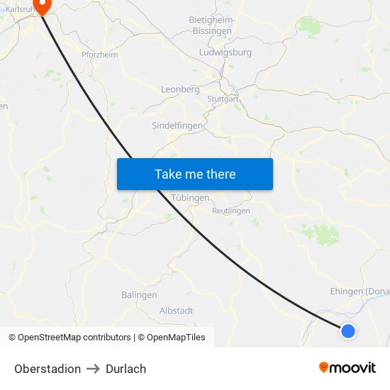 Oberstadion to Durlach map