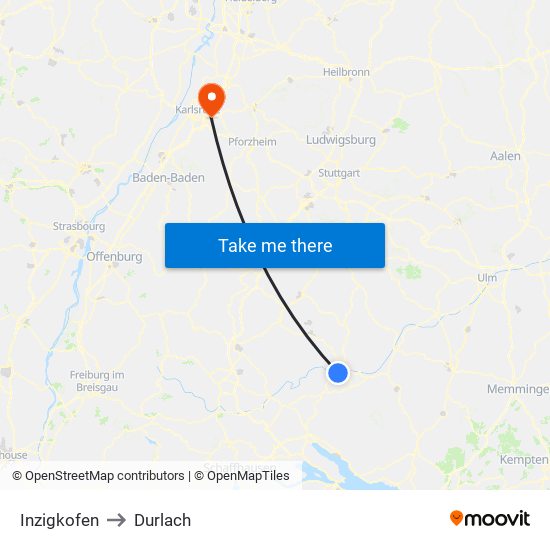 Inzigkofen to Durlach map