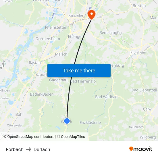Forbach to Durlach map