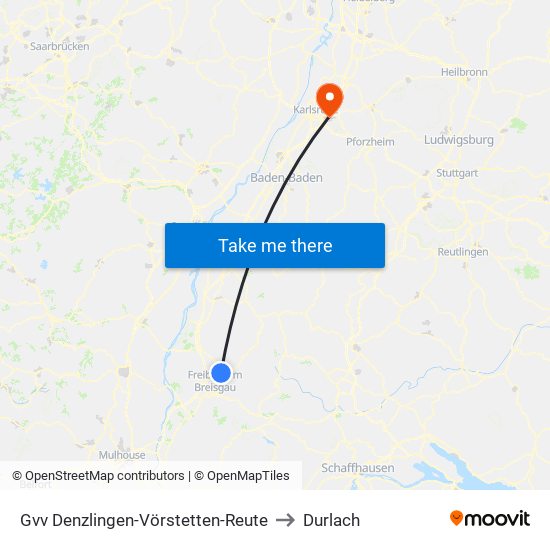 Gvv Denzlingen-Vörstetten-Reute to Durlach map