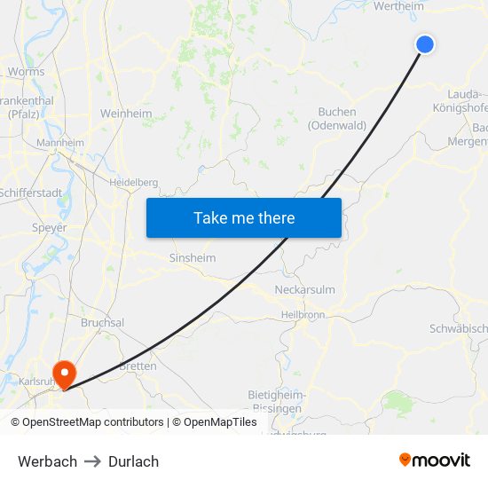 Werbach to Durlach map