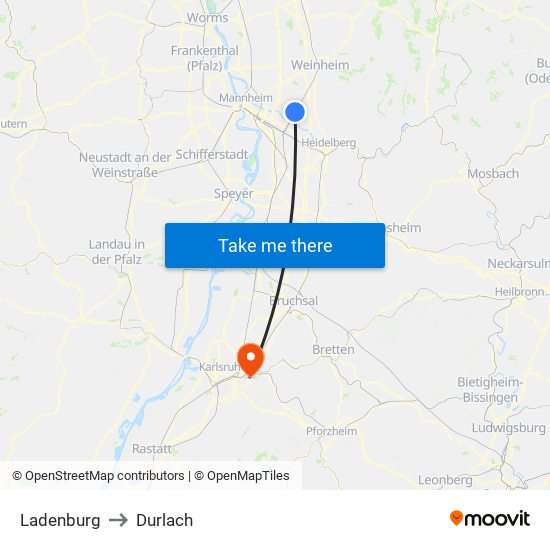 Ladenburg to Durlach map