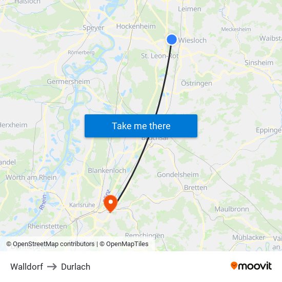 Walldorf to Durlach map