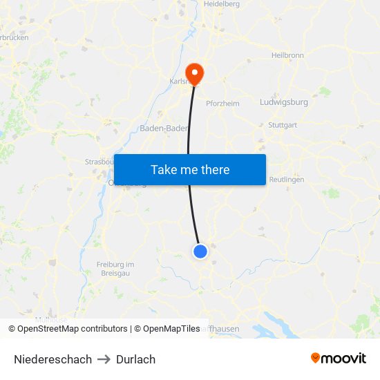 Niedereschach to Durlach map