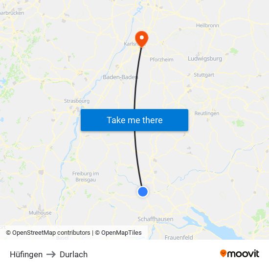 Hüfingen to Durlach map