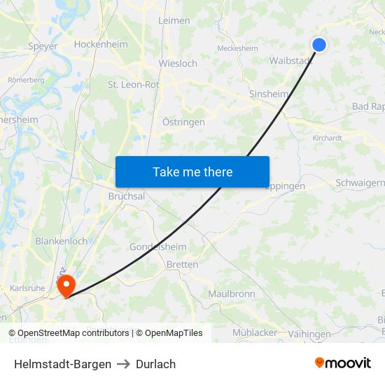 Helmstadt-Bargen to Durlach map