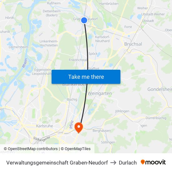 Verwaltungsgemeinschaft Graben-Neudorf to Durlach map