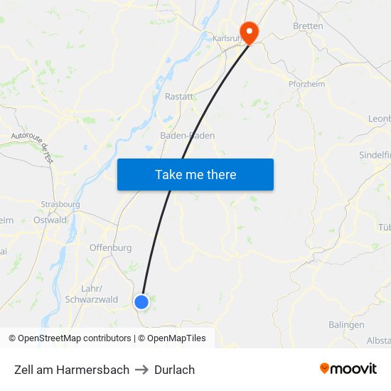 Zell am Harmersbach to Durlach map