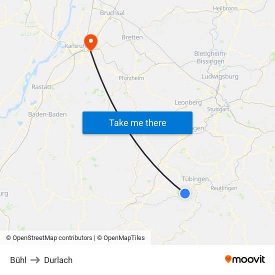 Bühl to Durlach map