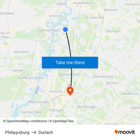 Philippsburg to Durlach map