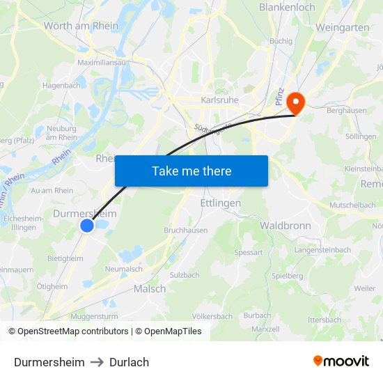 Durmersheim to Durlach map