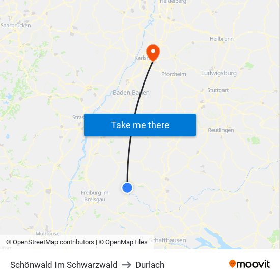 Schönwald Im Schwarzwald to Durlach map