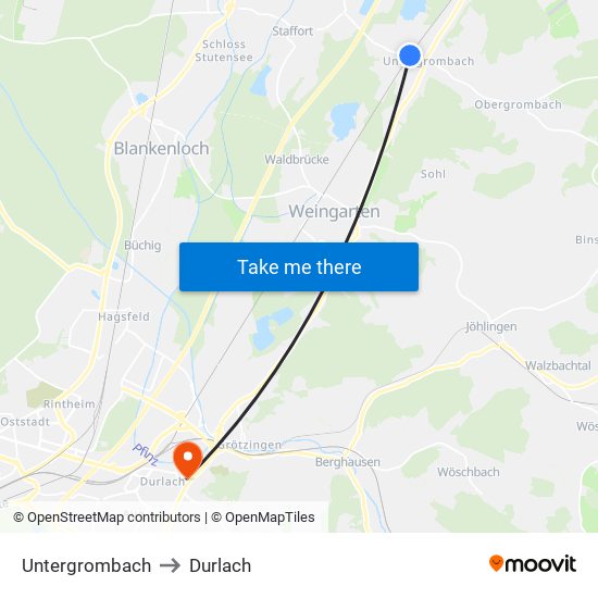 Untergrombach to Durlach map