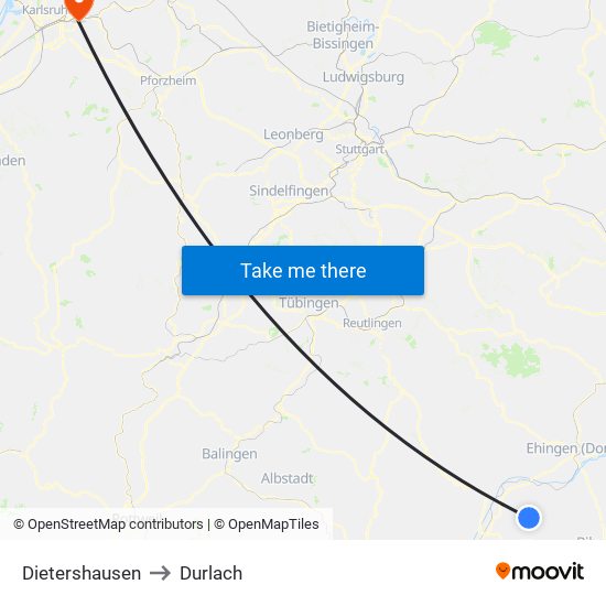 Dietershausen to Durlach map