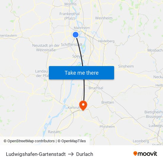 Ludwigshafen-Gartenstadt to Durlach map