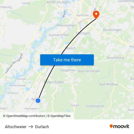 Altschweier to Durlach map