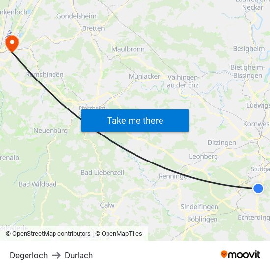 Degerloch to Durlach map