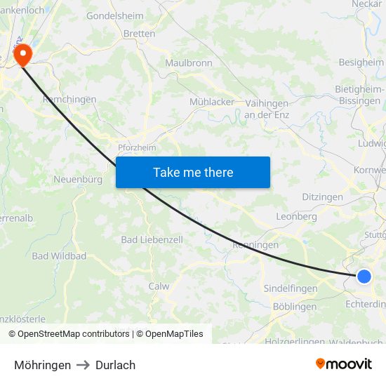 Möhringen to Durlach map