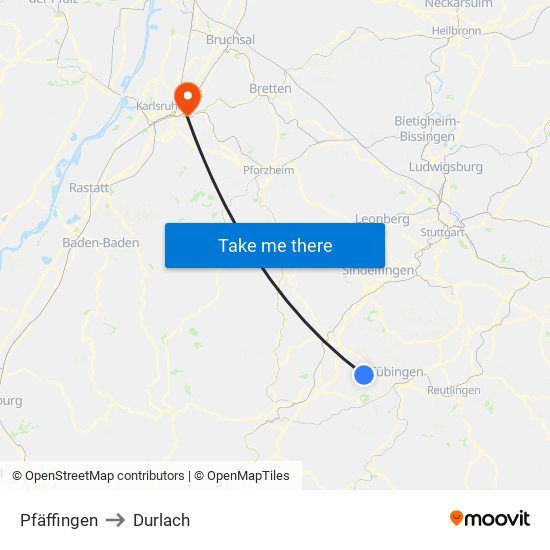 Pfäffingen to Durlach map