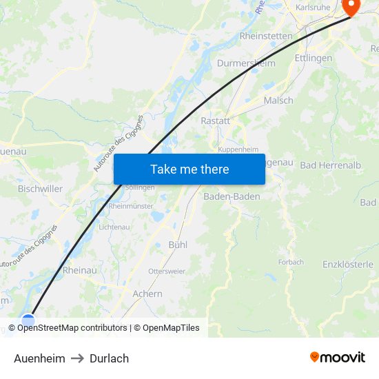 Auenheim to Durlach map