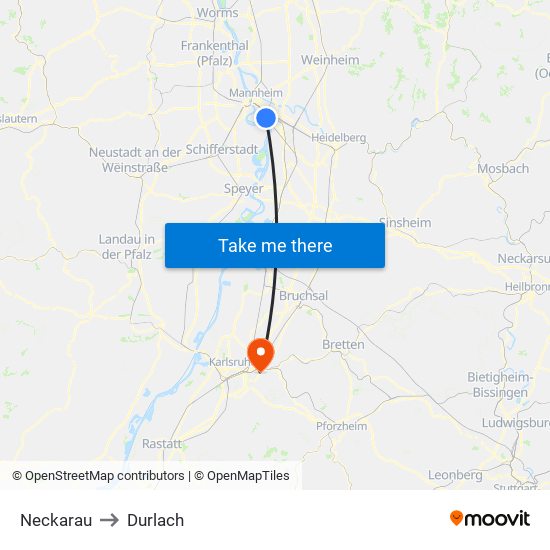 Neckarau to Durlach map