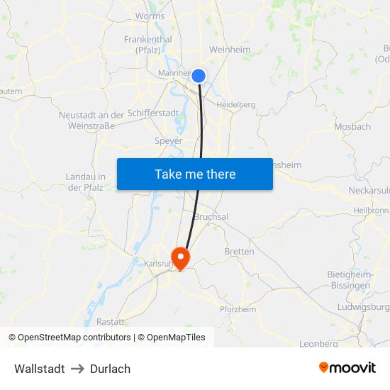 Wallstadt to Durlach map