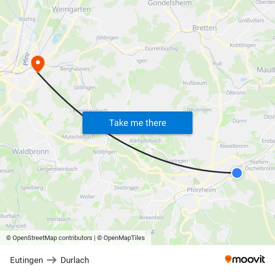 Eutingen to Durlach map