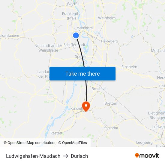 Ludwigshafen-Maudach to Durlach map