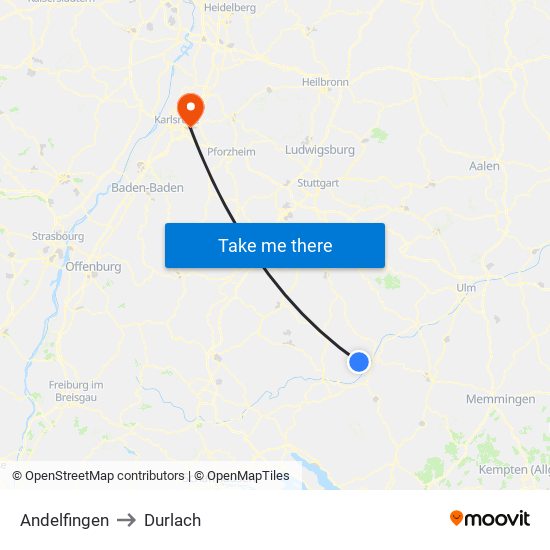 Andelfingen to Durlach map