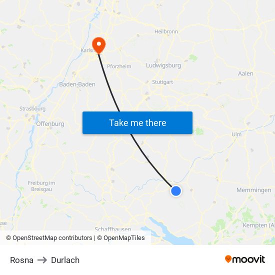 Rosna to Durlach map