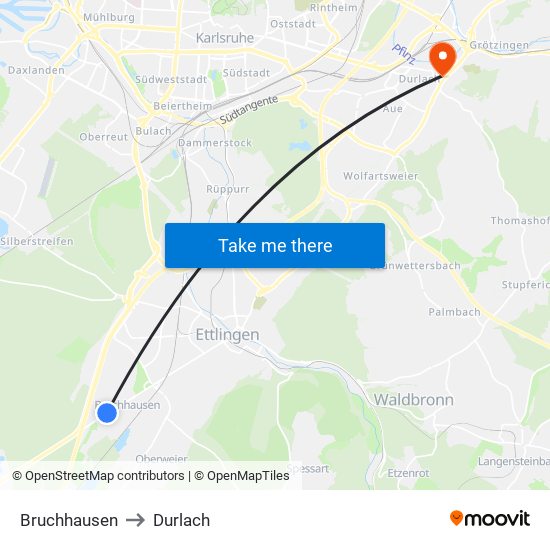 Bruchhausen to Durlach map