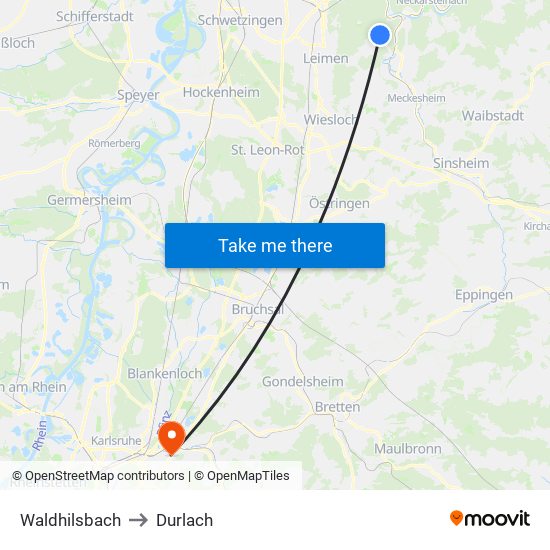 Waldhilsbach to Durlach map