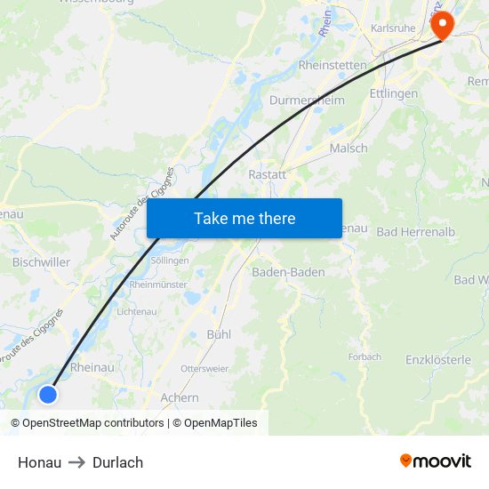 Honau to Durlach map