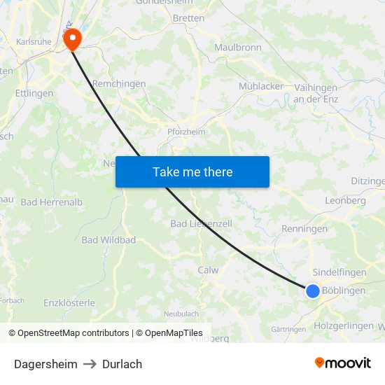 Dagersheim to Durlach map